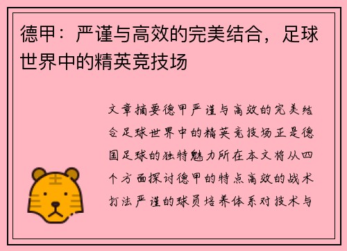 德甲：严谨与高效的完美结合，足球世界中的精英竞技场